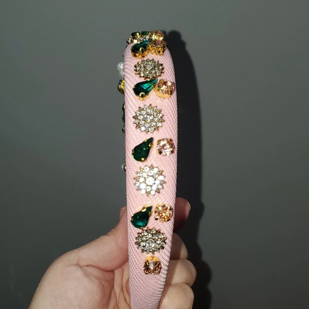 New handmade boutique luxury rhinestone floral fancy mid-wide flexible headband - Picture 3 of 8